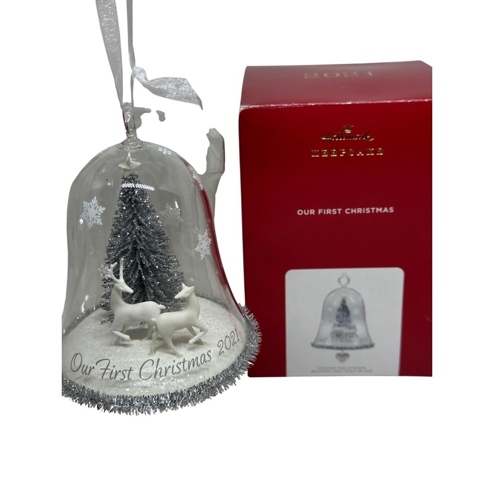 Hallmark Keepsake Ornament 2021 Our First Christmas Tree Glass Bell Reindeer NIB